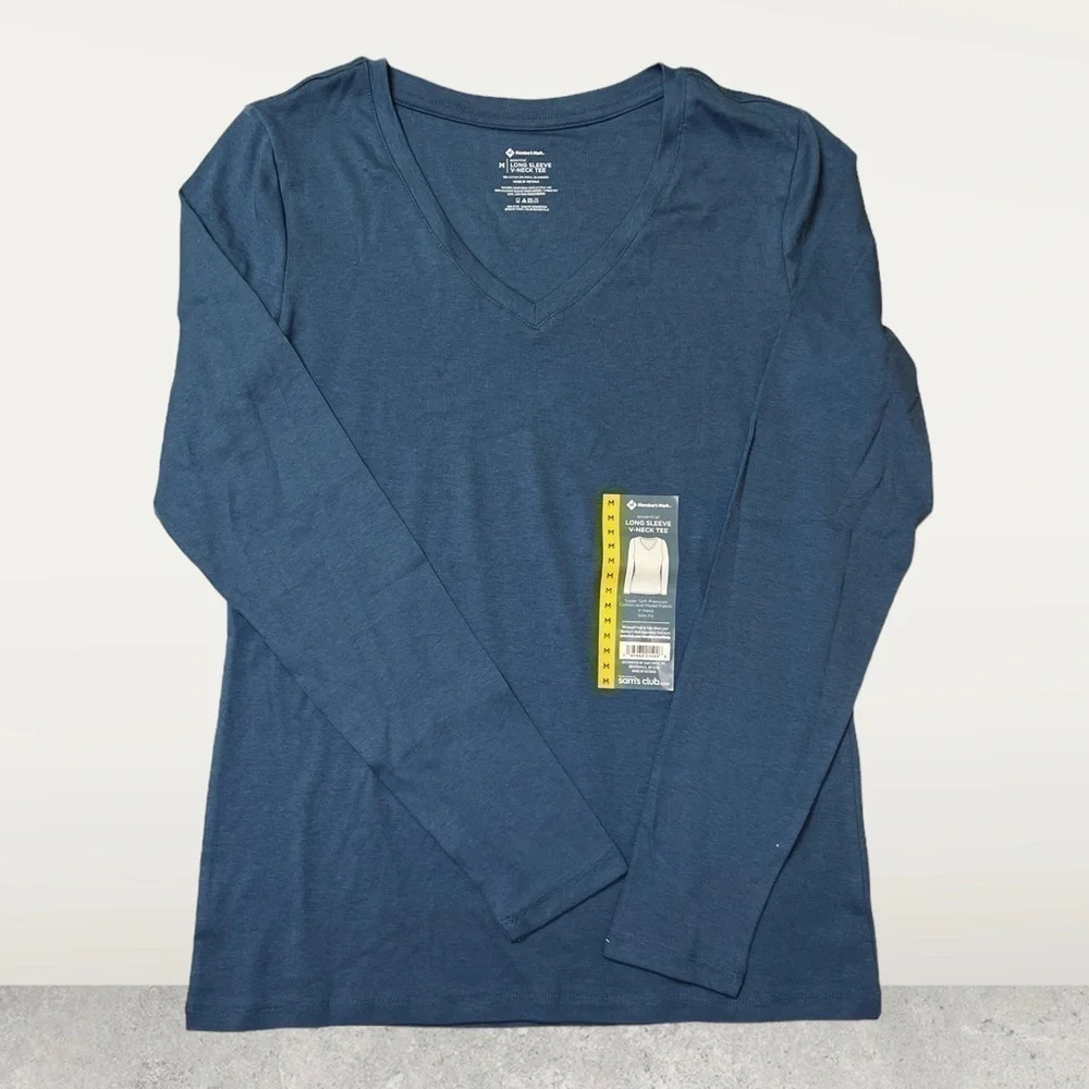 NWT ~ Members Mark essential, long sleeve, v-neck, shirt, MEDIUM BLUE